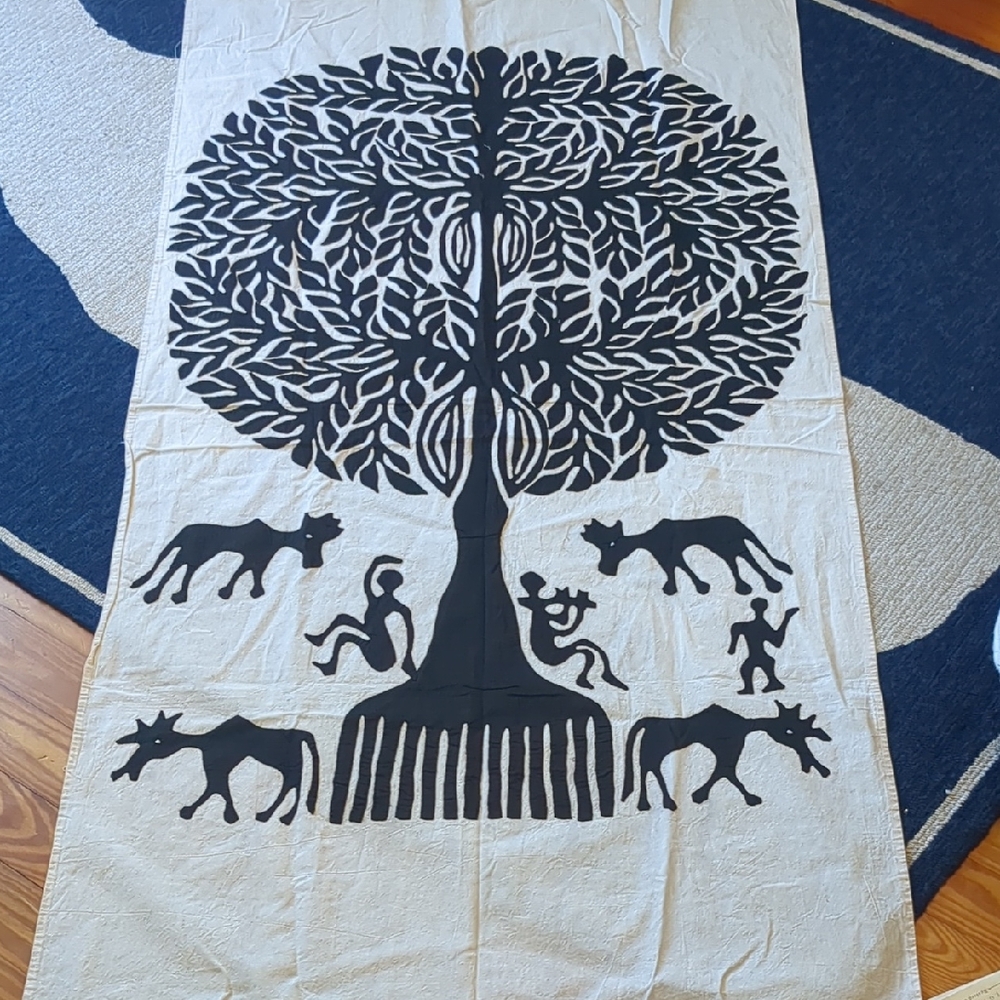 Huge Black and Tan Tree of Life Hand Appliqued Wall Hanging Tapestry